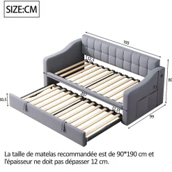 Okwish Lit Gigogne Capitonné 2-en-1 90/180x190 cm avec Rangement et Prise USB, Lit Convertible en Velours, Gris* Lit Gigogne