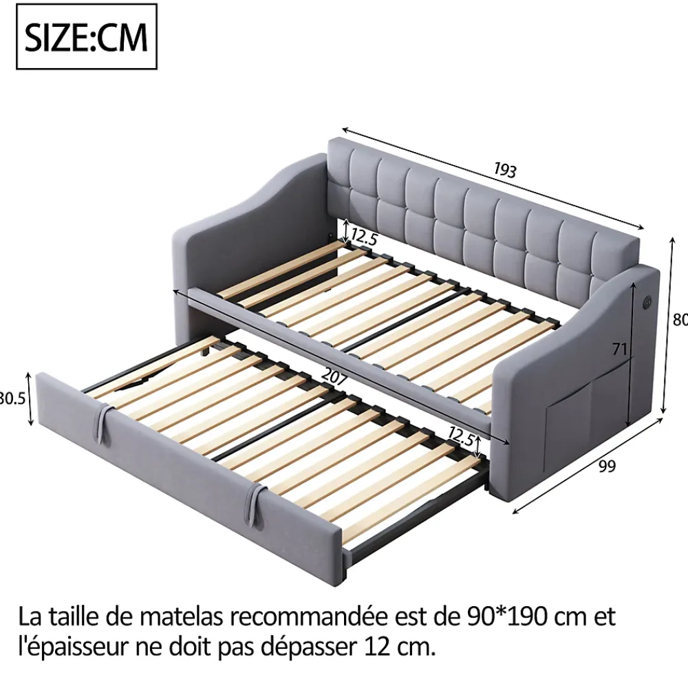 Okwish Lit Gigogne Capitonné 2-en-1 90/180x190 cm avec Rangement et Prise USB, Lit Convertible en Velours, Gris* Lit Gigogne