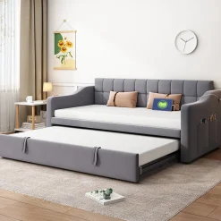 Okwish Lit Gigogne Capitonné 2-en-1 90/180x190 cm avec Rangement et Prise USB, Lit Convertible en Velours, Gris* Lit Gigogne