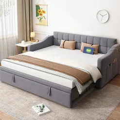 Okwish Lit Gigogne Capitonné 2-en-1 90/180x190 cm avec Rangement et Prise USB, Lit Convertible en Velours, Gris* Lit Gigogne