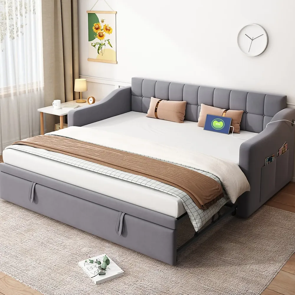 Okwish Lit Gigogne Capitonné 2-en-1 90/180x190 cm avec Rangement et Prise USB, Lit Convertible en Velours, Gris* Lit Gigogne