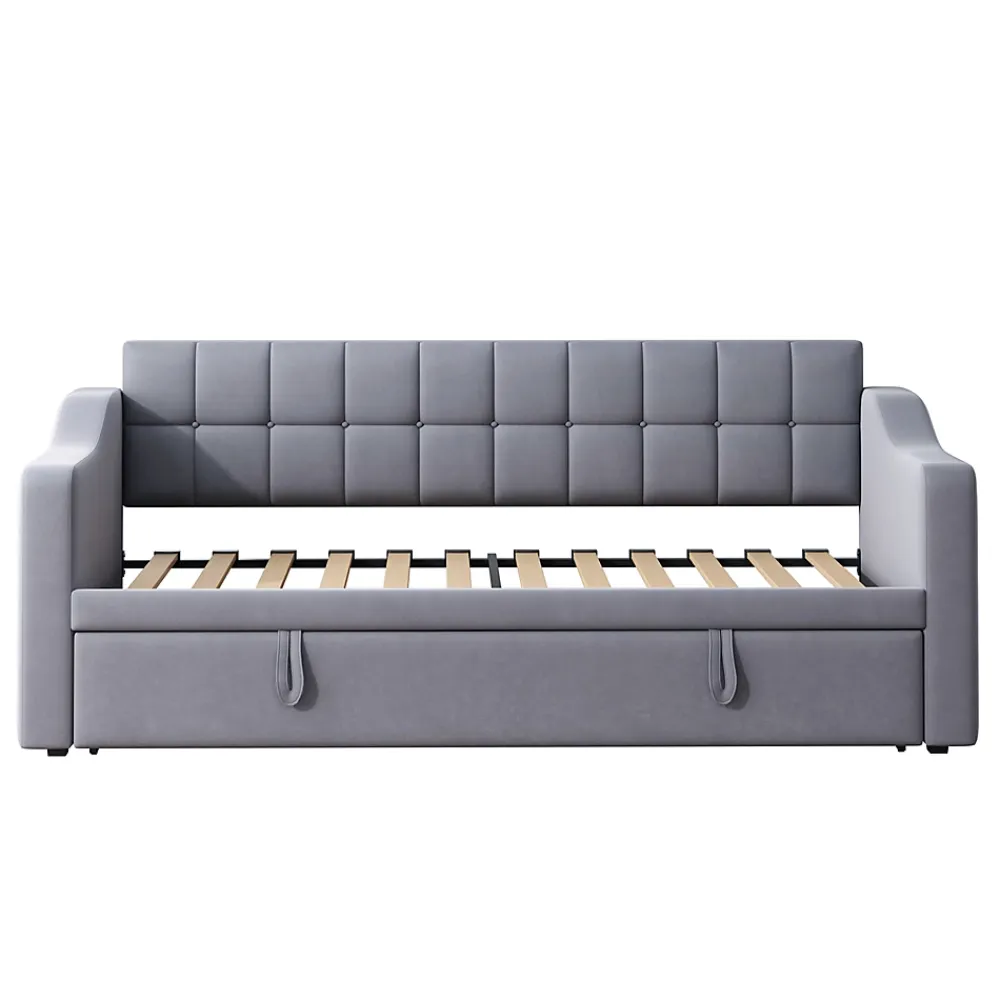 Okwish Lit Gigogne Capitonné 2-en-1 90/180x190 cm avec Rangement et Prise USB, Lit Convertible en Velours, Gris* Lit Gigogne