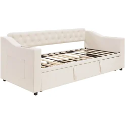 Okwish Lit Gigogne Capitonné 90x190 cm en Velours avec Rangement et Prise USB, Lit Multifonction Convertible 90/180 cm, Beige* Lit Gigogne