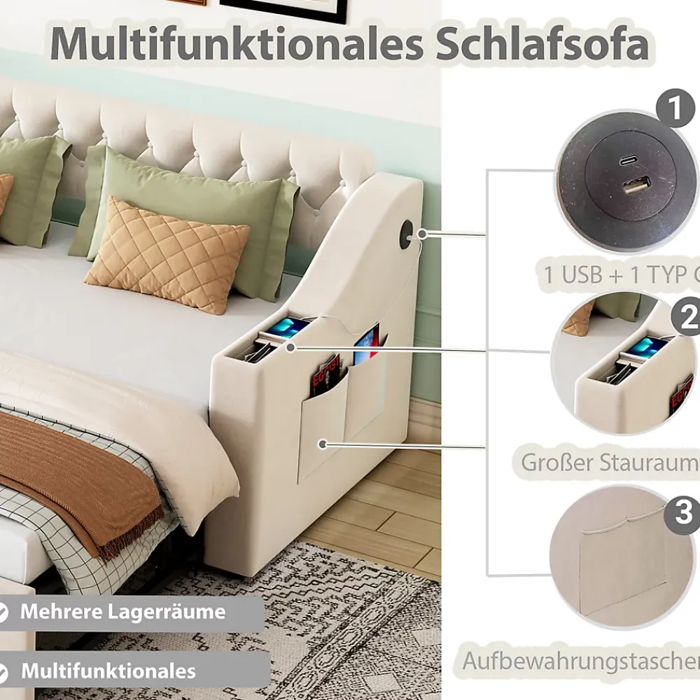 Okwish Lit Gigogne Capitonné 90x190 cm en Velours avec Rangement et Prise USB, Lit Multifonction Convertible 90/180 cm, Beige* Lit Gigogne