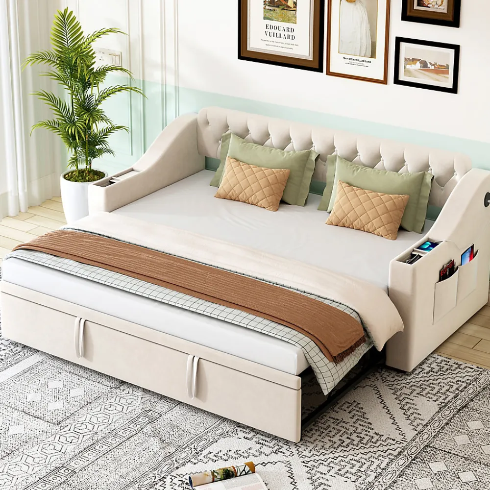 Okwish Lit Gigogne Capitonné 90x190 cm en Velours avec Rangement et Prise USB, Lit Multifonction Convertible 90/180 cm, Beige* Lit Gigogne