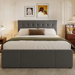 Lit Gigogne Double 140x200 cm - 3 Tiroirs de Rangement et Tête de Lit Réglable, Rembourré en Tissu Lin, sans Matelas, Gris><noscript><img width=