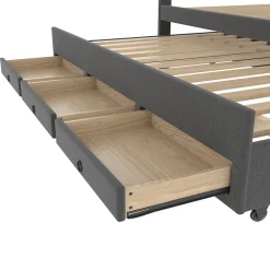 Lit Gigogne Double 140x200 cm - 3 Tiroirs de Rangement et Tête de Lit Réglable, Rembourré en Tissu Lin, sans Matelas, Gris><noscript><img width=