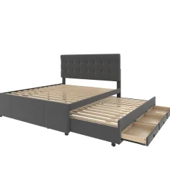 Lit Gigogne Double 140x200 cm - 3 Tiroirs de Rangement et Tête de Lit Réglable, Rembourré en Tissu Lin, sans Matelas, Gris><noscript><img width=