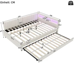 Okwish Lit Gigogne Double 140x200 cm - Ports USB Type-C et Éclairage LED d'Ambiance, Compartiment de Rangement, Lin, sans Matelas - Beige* Lit Gigogne