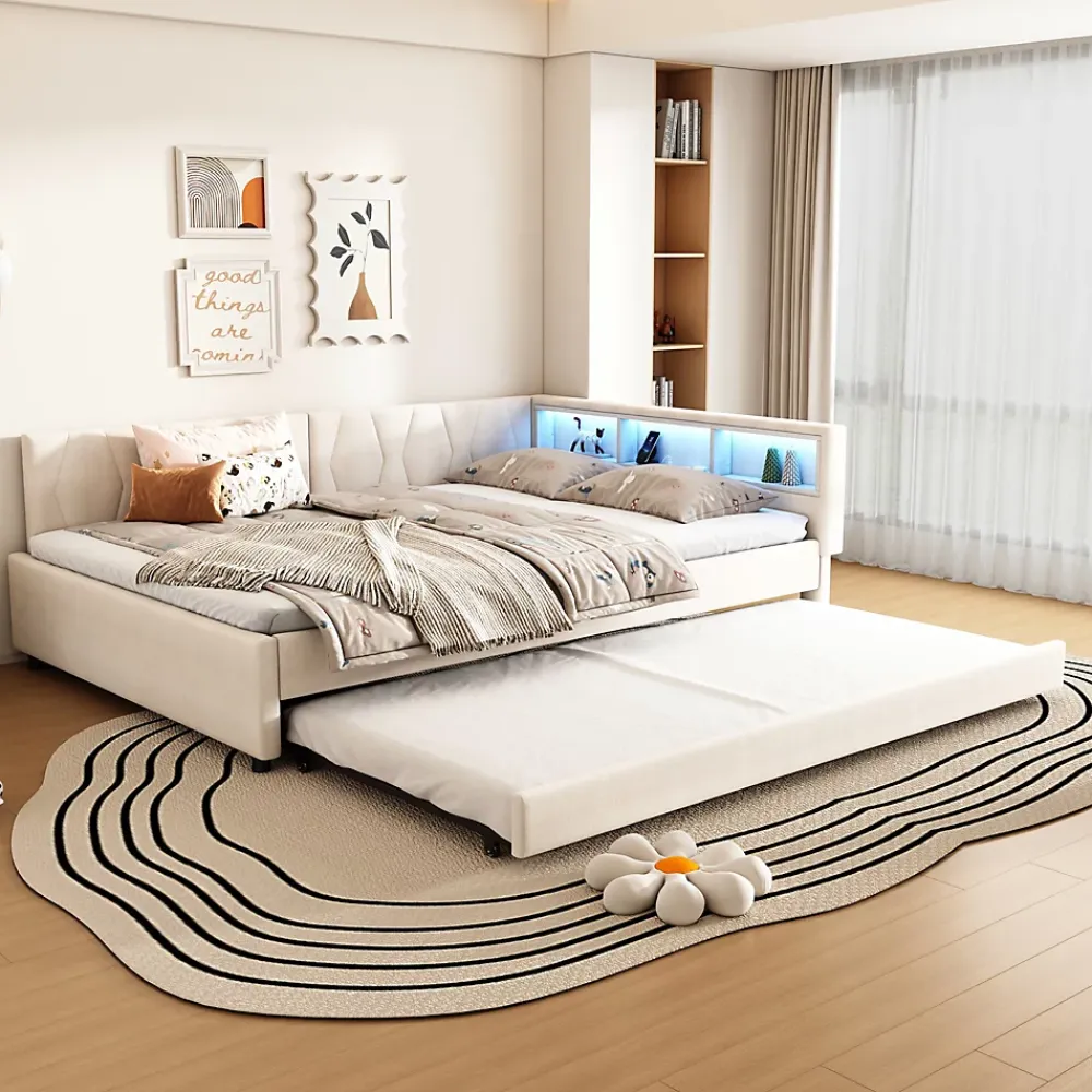 Okwish Lit Gigogne Double 140x200 cm - Ports USB Type-C et Éclairage LED d'Ambiance, Compartiment de Rangement, Lin, sans Matelas - Beige* Lit Gigogne