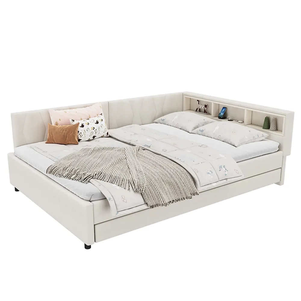 Okwish Lit Gigogne Double 140x200 cm - Ports USB Type-C et Éclairage LED d'Ambiance, Compartiment de Rangement, Lin, sans Matelas - Beige* Lit Gigogne