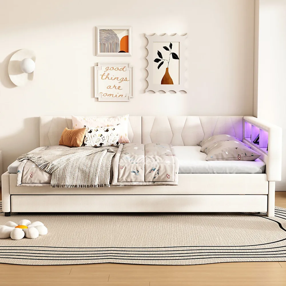 Okwish Lit Gigogne Double 140x200 cm - Ports USB Type-C et Éclairage LED d'Ambiance, Compartiment de Rangement, Lin, sans Matelas - Beige* Lit Gigogne