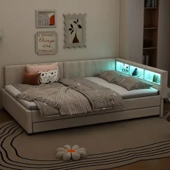 Okwish Lit Gigogne Double 140x200 cm - Ports USB Type-C et Éclairage LED d'Ambiance, Compartiment de Rangement, Lin, sans Matelas - Beige* Lit Gigogne