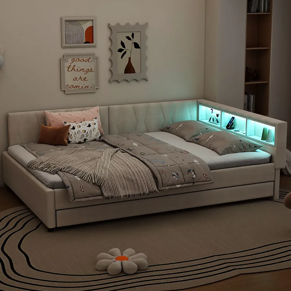 Okwish Lit Gigogne Double 140x200 cm - Ports USB Type-C et Éclairage LED d'Ambiance, Compartiment de Rangement, Lin, sans Matelas - Beige* Lit Gigogne