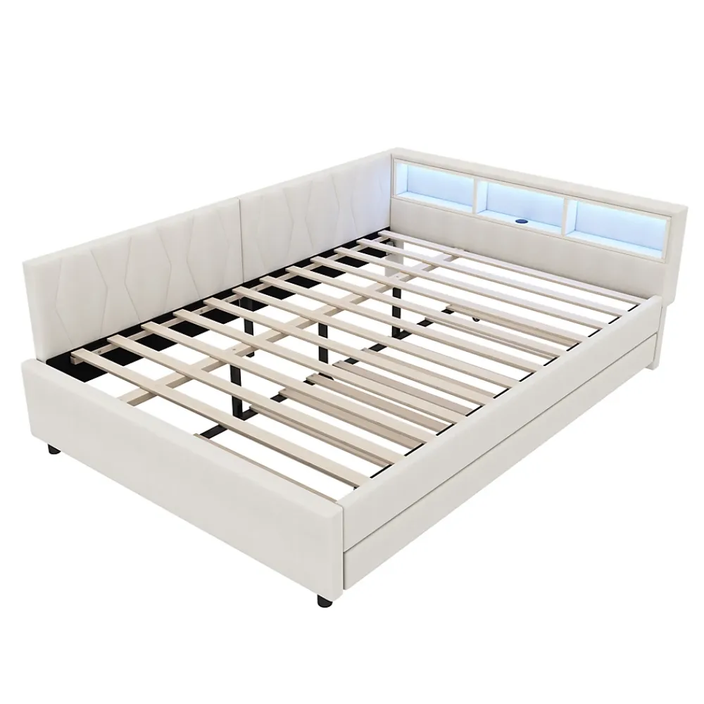 Okwish Lit Gigogne Double 140x200 cm - Ports USB Type-C et Éclairage LED d'Ambiance, Compartiment de Rangement, Lin, sans Matelas - Beige* Lit Gigogne