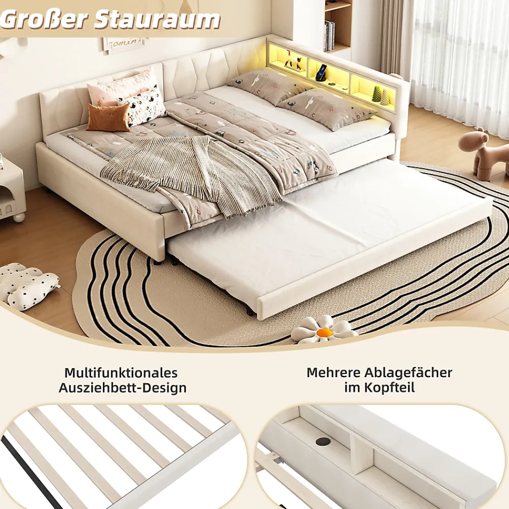 Okwish Lit Gigogne Double 140x200 cm - Ports USB Type-C et Éclairage LED d'Ambiance, Compartiment de Rangement, Lin, sans Matelas - Beige* Lit Gigogne