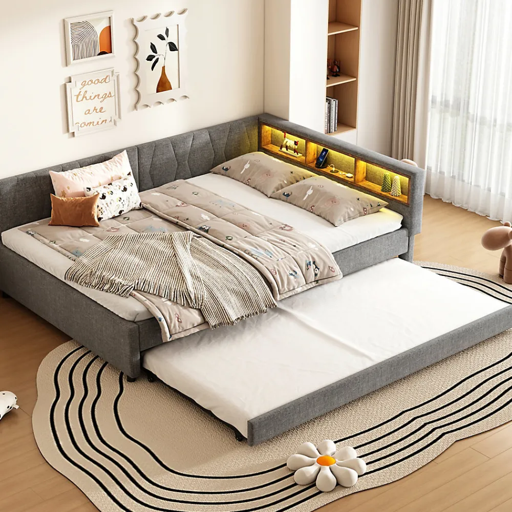 Lit Gigogne Double 140x200 cm - Ports USB Type-C et Éclairage LED d'Ambiance, Compartiment de Rangement, Lin - sans Matelas - Gris>Okwish Discount