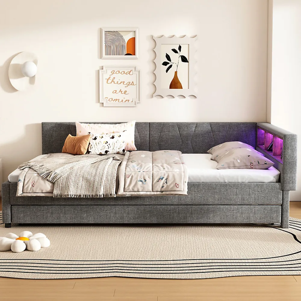 Lit Gigogne Double 140x200 cm - Ports USB Type-C et Éclairage LED d'Ambiance, Compartiment de Rangement, Lin - sans Matelas - Gris>Okwish Discount