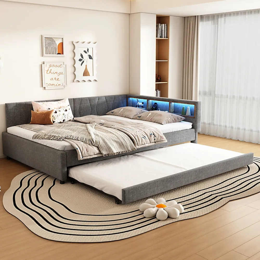 Lit Gigogne Double 140x200 cm - Ports USB Type-C et Éclairage LED d'Ambiance, Compartiment de Rangement, Lin - sans Matelas - Gris>Okwish Discount