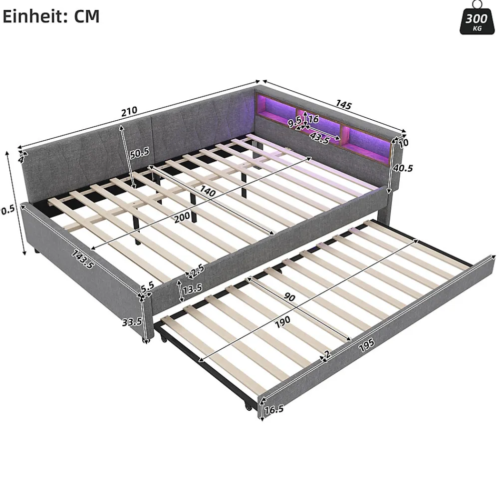 Lit Gigogne Double 140x200 cm - Ports USB Type-C et Éclairage LED d'Ambiance, Compartiment de Rangement, Lin - sans Matelas - Gris>Okwish Discount