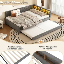 Lit Gigogne Double 140x200 cm - Ports USB Type-C et Éclairage LED d'Ambiance, Compartiment de Rangement, Lin - sans Matelas - Gris><noscript><img width=