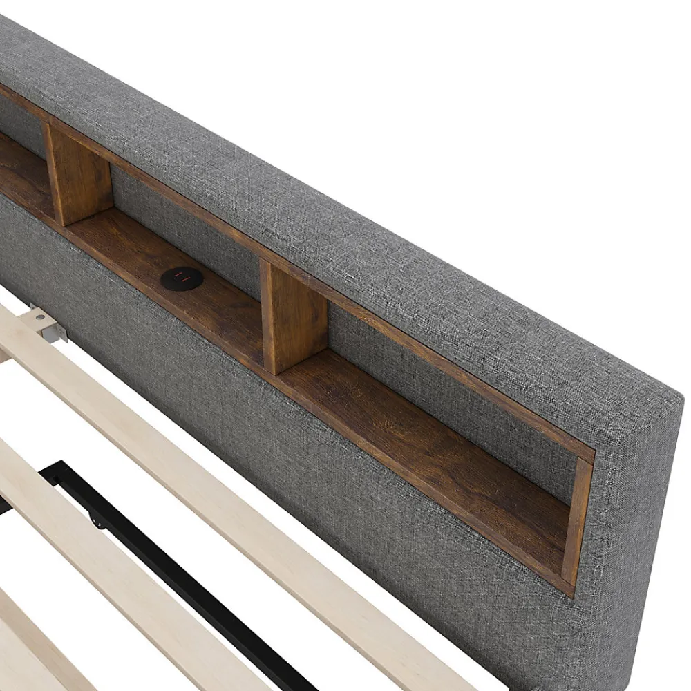 Lit Gigogne Double 140x200 cm - Ports USB Type-C et Éclairage LED d'Ambiance, Compartiment de Rangement, Lin - sans Matelas - Gris>Okwish Discount