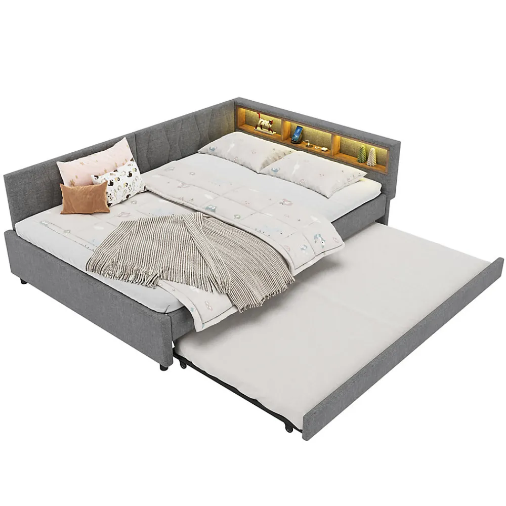 Lit Gigogne Double 140x200 cm - Ports USB Type-C et Éclairage LED d'Ambiance, Compartiment de Rangement, Lin - sans Matelas - Gris>Okwish Discount
