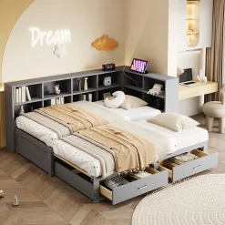 Lit Gigogne en Bois 90/180x190 cm - Lit Enfant avec Rangement, Tiroirs et Prise Électrique, Sommier à Lattes, Gris>Okwish Discount
