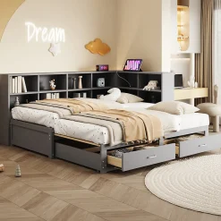 Lit Gigogne en Bois 90/180x190 cm - Lit Enfant avec Rangement, Tiroirs et Prise Électrique, Sommier à Lattes, Gris><noscript><img width=