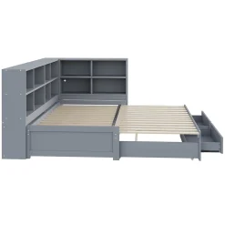 Lit Gigogne en Bois 90/180x190 cm - Lit Enfant avec Rangement, Tiroirs et Prise Électrique, Sommier à Lattes, Gris><noscript><img width=