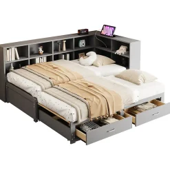 Lit Gigogne en Bois 90/180x190 cm - Lit Enfant avec Rangement, Tiroirs et Prise Électrique, Sommier à Lattes, Gris><noscript><img width=