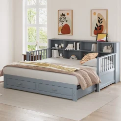 Okwish Lit Gigogne en Bois 90/180x190 cm Extensible avec Tiroirs et Prise USB, Lit Multifonction avec Rangement, Gris* Lit Gigogne