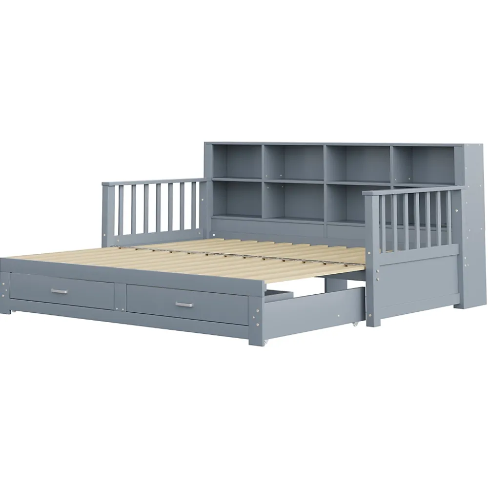 Okwish Lit Gigogne en Bois 90/180x190 cm Extensible avec Tiroirs et Prise USB, Lit Multifonction avec Rangement, Gris* Lit Gigogne