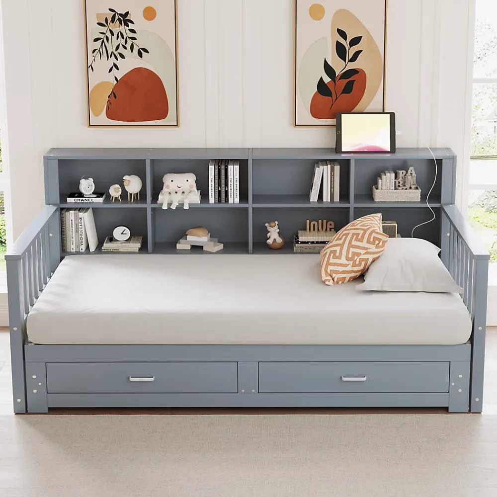 Okwish Lit Gigogne en Bois 90/180x190 cm Extensible avec Tiroirs et Prise USB, Lit Multifonction avec Rangement, Gris* Lit Gigogne