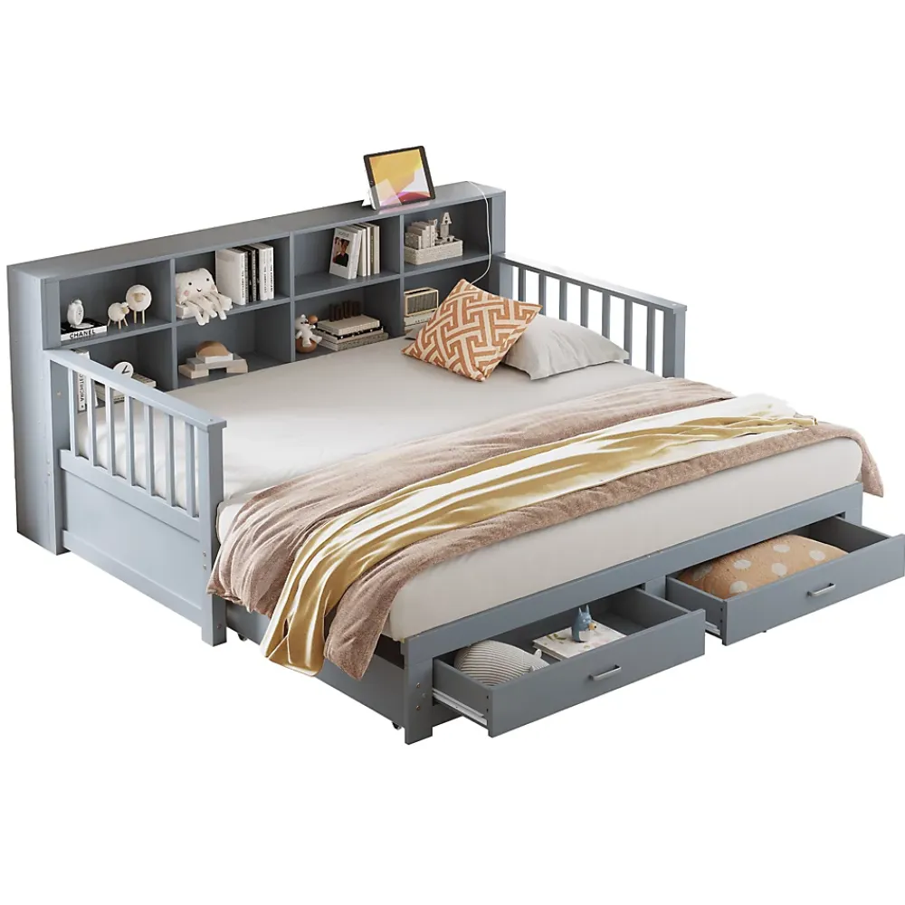 Okwish Lit Gigogne en Bois 90/180x190 cm Extensible avec Tiroirs et Prise USB, Lit Multifonction avec Rangement, Gris* Lit Gigogne