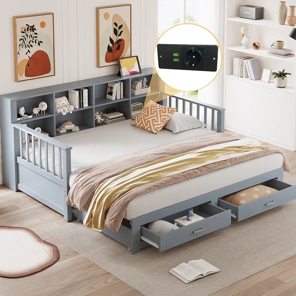 Okwish Lit Gigogne en Bois 90/180x190 cm Extensible avec Tiroirs et Prise USB, Lit Multifonction avec Rangement, Gris* Lit Gigogne