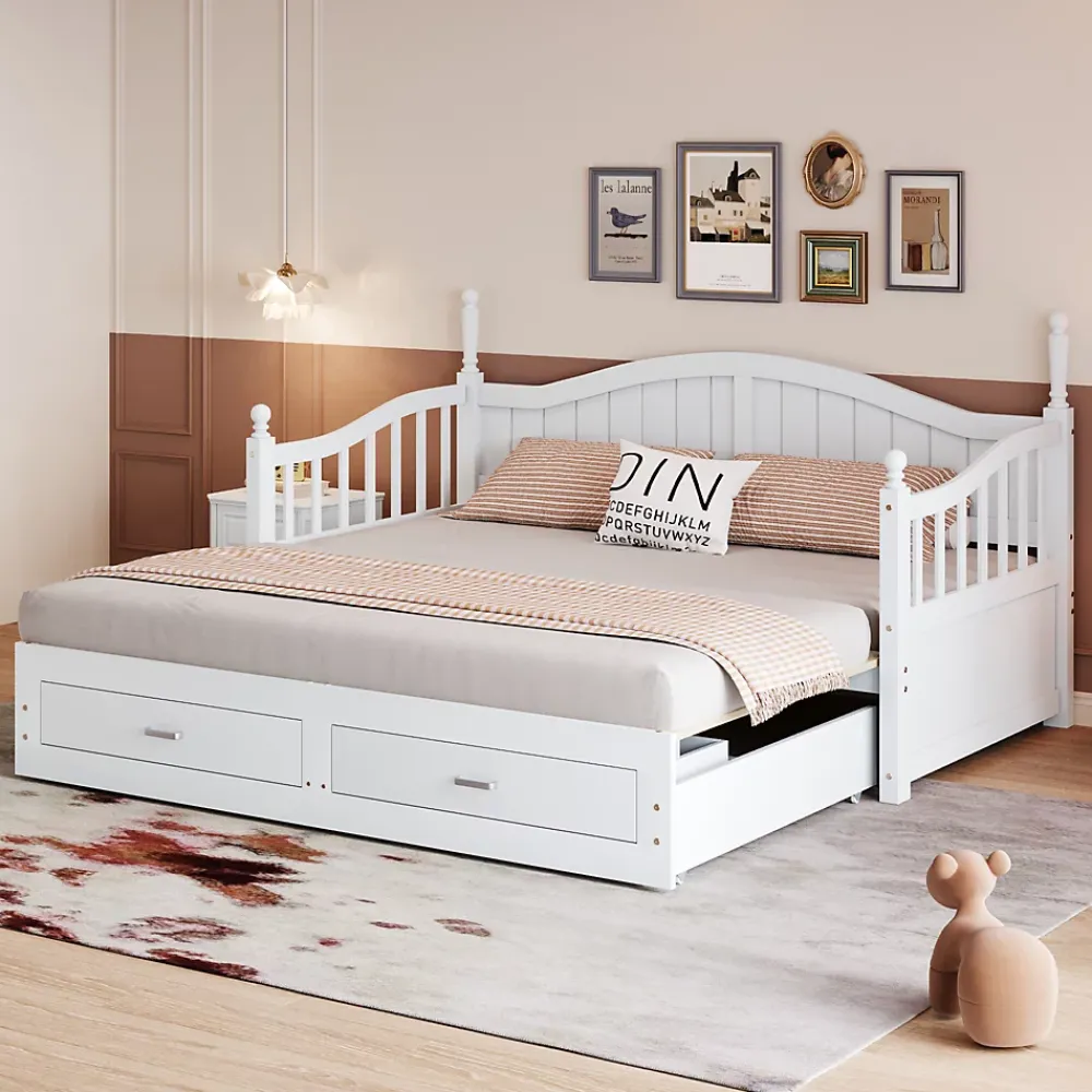 Okwish Lit Gigogne en Bois 90/180x190 cm Extensible avec Tiroirs et Sommier Intégré, Lit Multifonction pour enfant ou Adulte, Blanc* Lit Gigogne