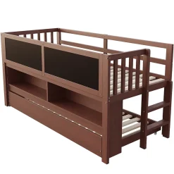 Okwish Lit Gigogne enfant 90x200 cm avec Lit Tiroir, Échelle, Tableau à Gribouillis et Rangement Intégré - Sans Matelas - Bois Marron* Lit Gigogne