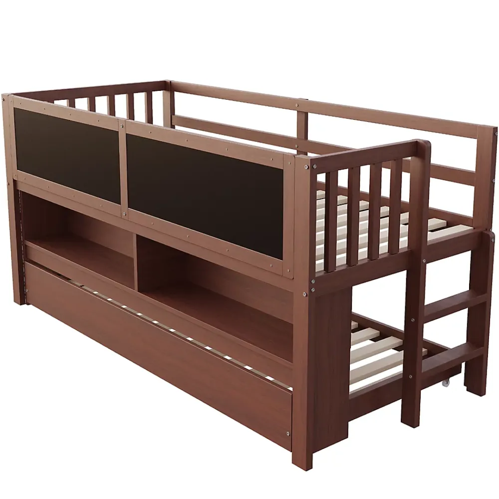 Okwish Lit Gigogne enfant 90x200 cm avec Lit Tiroir, Échelle, Tableau à Gribouillis et Rangement Intégré - Sans Matelas - Bois Marron* Lit Gigogne