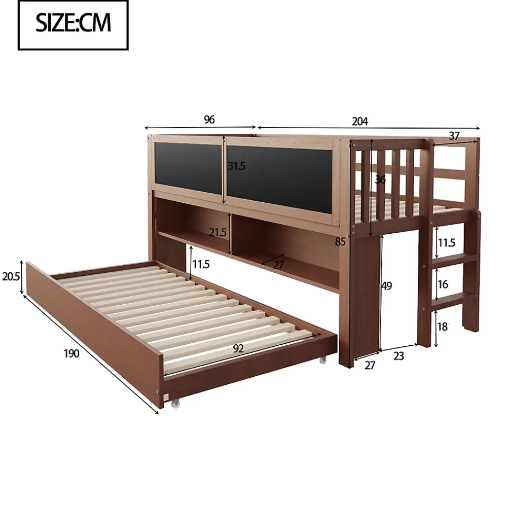 Okwish Lit Gigogne enfant 90x200 cm avec Lit Tiroir, Échelle, Tableau à Gribouillis et Rangement Intégré - Sans Matelas - Bois Marron* Lit Gigogne