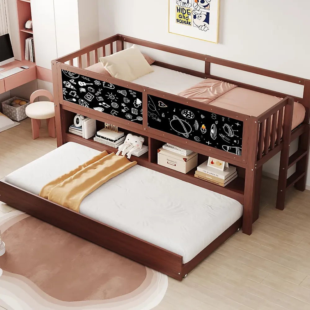 Okwish Lit Gigogne enfant 90x200 cm avec Lit Tiroir, Échelle, Tableau à Gribouillis et Rangement Intégré - Sans Matelas - Bois Marron* Lit Gigogne