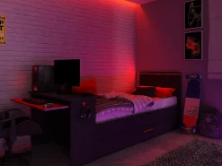 Vente-unique Lit gigogne gamer 90 x 200 et 90 x 190 cm - Avec bureau - LEDs - Anthracite et rouge + Matelas + Sommier - VOUANI*Enfant Lit Enfant