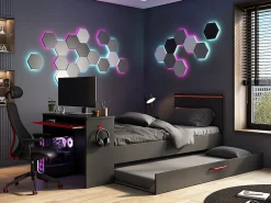 Vente-unique Lit gigogne gamer 90 x 200 et 90 x 190 cm - Avec bureau - LEDs - Anthracite et rouge + Matelas + Sommier - VOUANI*Enfant Lit Enfant