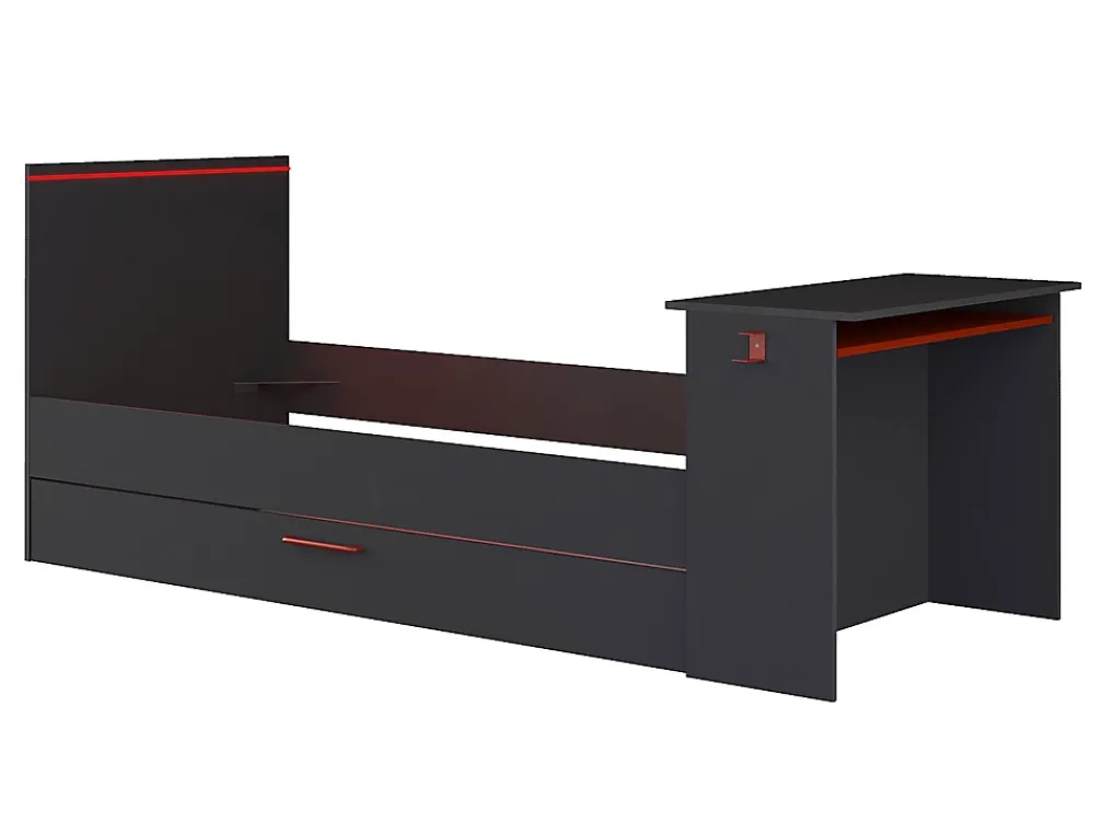 Vente-unique Lit gigogne gamer 90 x 200 et 90 x 190 cm - Avec bureau - LEDs - Anthracite et rouge + Matelas + Sommier - VOUANI*Enfant Lit Enfant