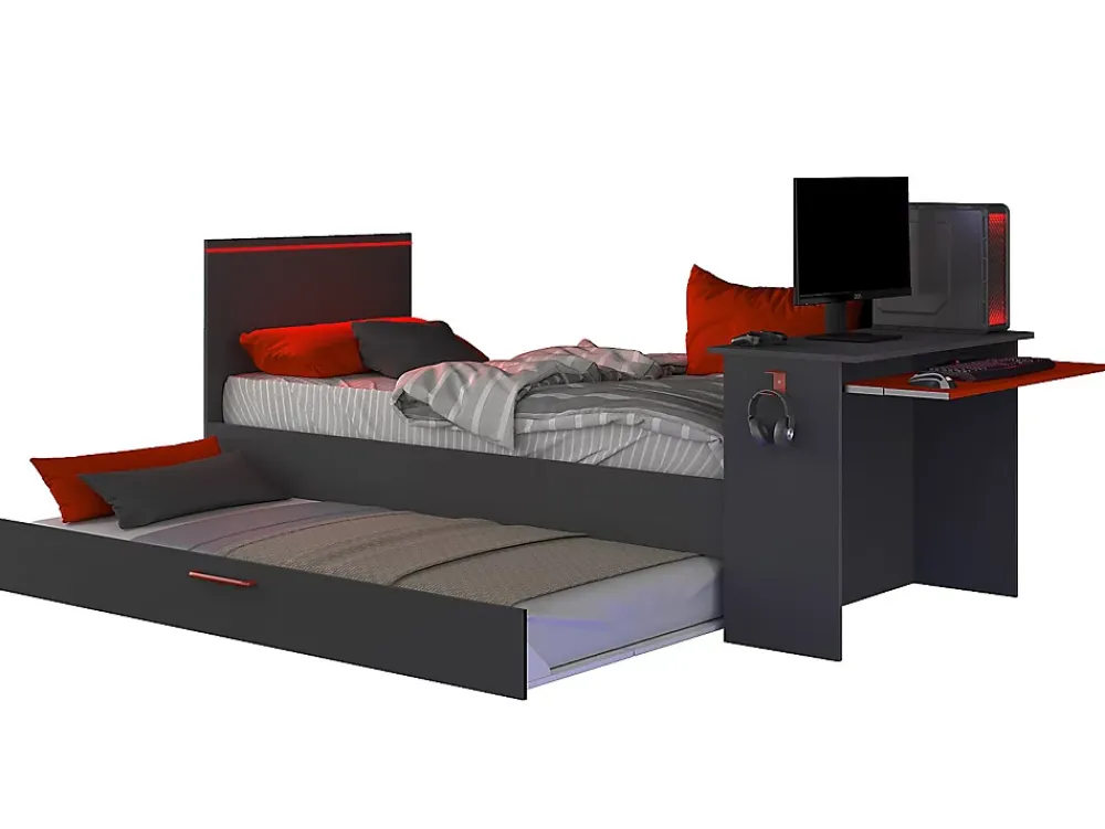 Vente-unique Lit gigogne gamer2 x 90 x 200 cm - Avec bureau - LEDs - Anthracite et rouge + Sommier - VOUANI* Lit Gigogne