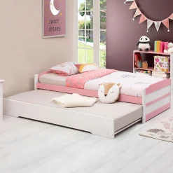 Lit gigogne LORENA en pin massif, 90 x 190 cm, lasuré blanc et rose>Idimex New