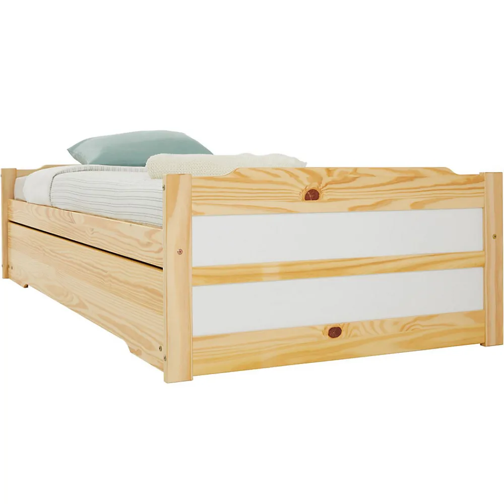 Lit gigogne LORENA en pin massif, 90 x 190 cm, vernis naturel et blanc>Idimex Clearance