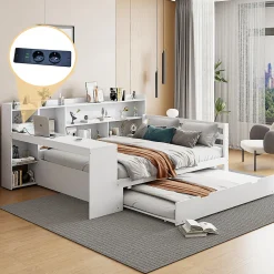 Lit Gigogne Multifonction 140x200 cm, avec Bureau et Étagères Intégrées, Lit Coulissant Sous Le Lit - Blanc - Sans Matelas>Okwish New
