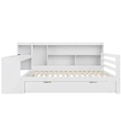 Lit Gigogne Multifonction 140x200 cm, avec Bureau et Étagères Intégrées, Lit Coulissant Sous Le Lit - Blanc - Sans Matelas><noscript><img width=