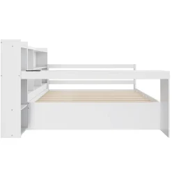 Lit Gigogne Multifonction 140x200 cm, avec Bureau et Étagères Intégrées, Lit Coulissant Sous Le Lit - Blanc - Sans Matelas><noscript><img width=
